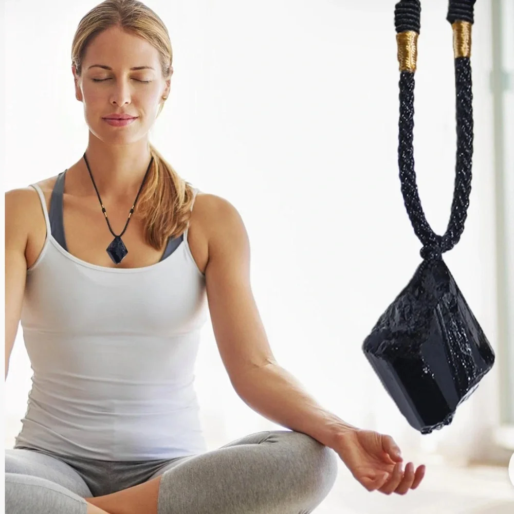 Natural Black Stone Pendant Necklace Adjustable